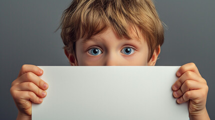 Promoting Reflection: Longing Boy with Empty Card, Ready for Your Message