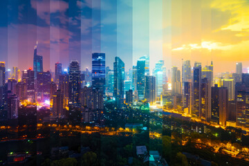 Fototapeta na wymiar Double exposure of skyscrapers and cityscape. A time-lapse sequence showing urban expansion encroaching on once-natural landscapes, depicting the evolving ecological impact.