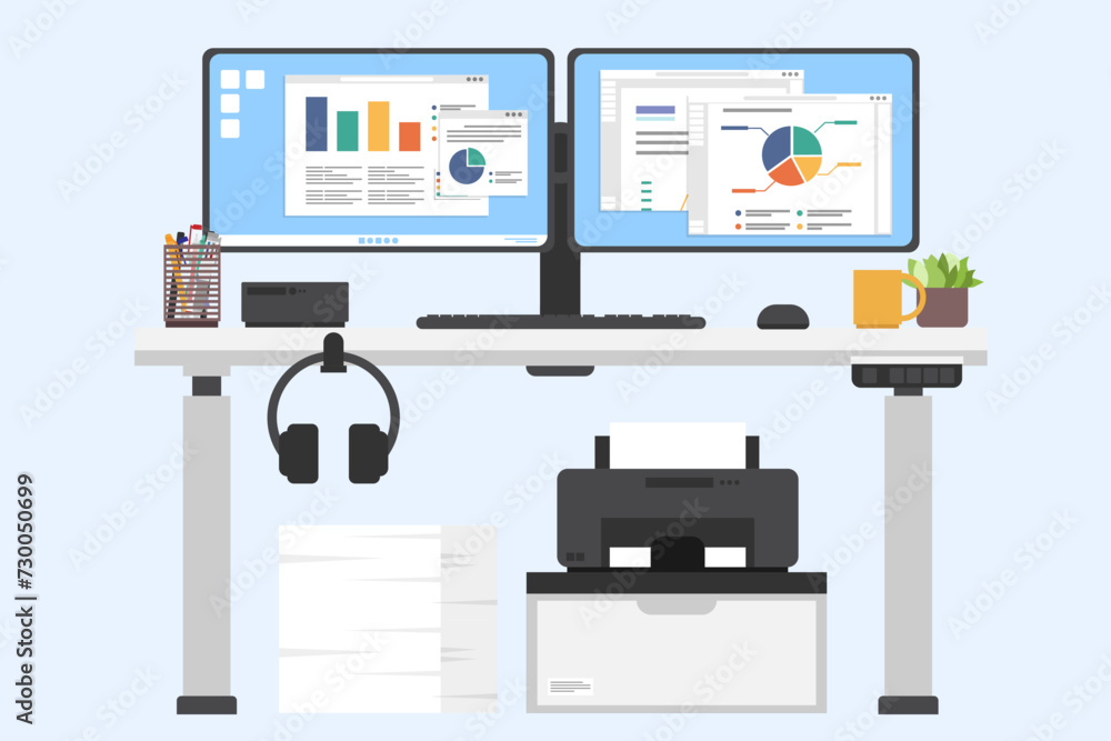 Fototapete Adjustable desk with computer and printer, Computer with two monitor, Front view of modern worktables, Workplace and working space concept.