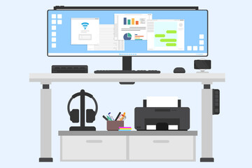 Ultrawide monitor on modern worktables, Workplace and working space concept, Front view of clean desk, Printer and headphone and phone charger on the adjustable desk.