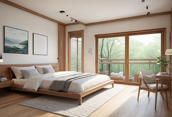 Fototapeta premium Clean wooden bedroom with natural light comfortable for sleep. 