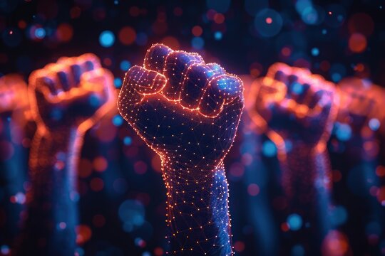 Red digital fists raised high, symbolizing digital activism and empowerment