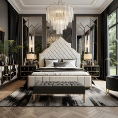 a master bedroom infused with Art Deco glamour. Picture a statement headboard, mirrored furniture, and gold accents