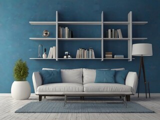 Blue living room with white sofa and bookcase - 3D Rendering
