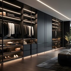 a walk-in closet that embraces edgy noir aesthetics. Picture matte black built-in wardrobes with integrated LED strip lighting.