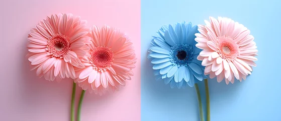 Fototapeten Collage with gerbera flowers on a pink and blue background. © warmjuly