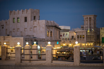 Doha, Qatar- March 04,2023 : Views of the traditional Arabic architecture of market Souk Waqif.