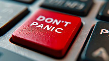 Close-up of a computer keyboard with a red key standing out with the words DON'T PANIC, symbolizing calmness in the face of technology issues