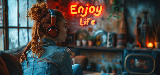 Young woman enjoying music with headphones in a cozy bohemian room illuminated by a neon sign saying Enjoy Life, promoting self-care and leisure time