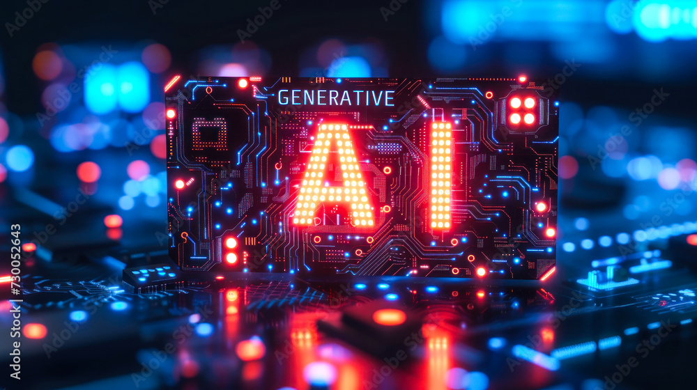 Poster futuristic generative ai concept with glowing blue text on digital circuit board background, symboli