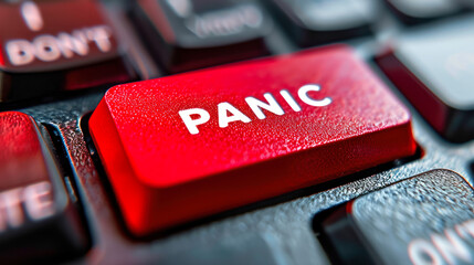 Close-up of a red PANIC button on a keyboard, symbolizing urgent distress calls, emergency response, and immediate action required in critical situations - obrazy, fototapety, plakaty