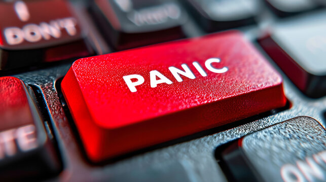 Close-up of a red PANIC button on a keyboard, symbolizing urgent distress calls, emergency response, and immediate action required in critical situations