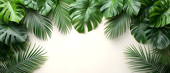 White  background with tropical green leaves. Minimal summer concept.