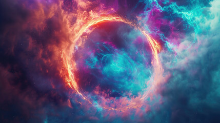 A stunning cosmic nebula shaped like a circle, radiating with intense colors and energy in a deep space background. - obrazy, fototapety, plakaty