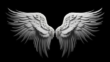Angelic white wings, intricately patterned and elegantly displayed on a black solid background, evoking a sense of awe and spiritual transcendence