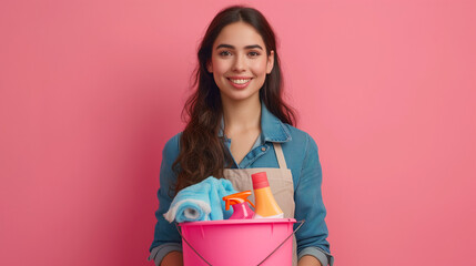 Fototapeta premium Woman in apron holding bucket with cleaning supplies on pink background. Young housewife holding bucket with cleaning supplies on pink background, space for text. Portrait of her she cheery brown-hair