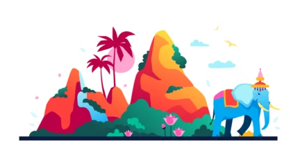 Foto op Aluminium Khao Phing Kan - modern colored vector illustration with James Bond Island. Mountains and water that participated in movie filming. Against the backdrop of nature, elephant sacred animal is walking © Boyko.Pictures