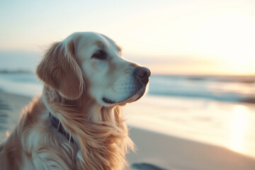 A golden retriever looks contemplatively at the ocean during a stunning beach sunset, reflecting a moment of peace.