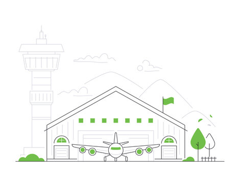 Aircraft hangar - modern line design style illustration on white background. Composition with private airport and control tower. Garage for air transport and industrial building idea