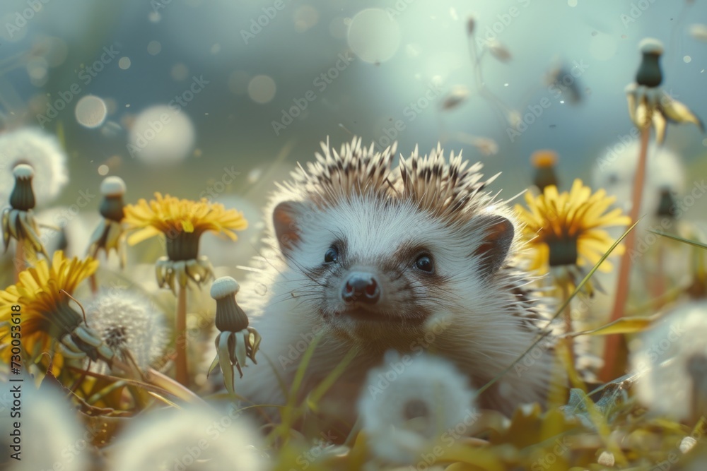 Poster a picture of a hedge sitting in a field of dandelions. perfect for nature and landscape-themed proje