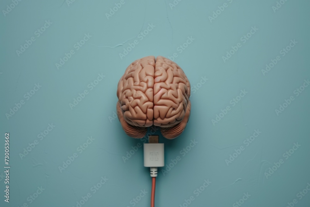 Poster A computer mouse is connected to a brain on a blue surface. This image showcases the concept of a brain-computer interface and the integration of technology with the human mind.