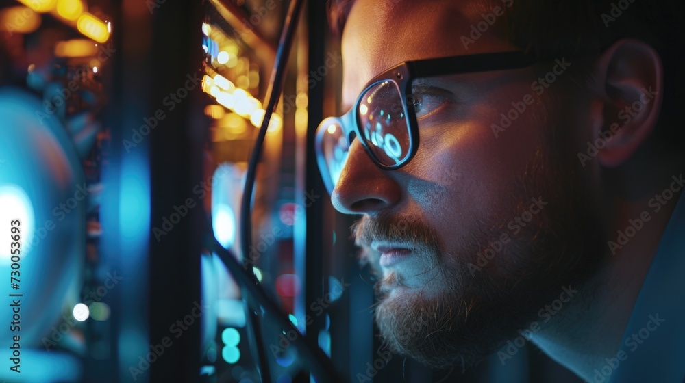 Poster A man wearing glasses is focused on a computer screen. This image can be used to represent technology, work, or online activities
