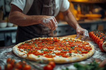 A man puts tomatoes on pizza dough in the kitchen - obrazy, fototapety, plakaty