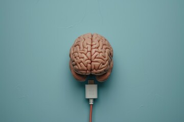 A computer mouse is connected to a brain on a blue surface. This image showcases the concept of a brain-computer interface and the integration of technology with the human mind.