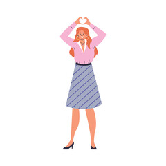 Young woman raised hands and shows a heart sign with her fingers, love gesture emotion, cartoon vector happy character