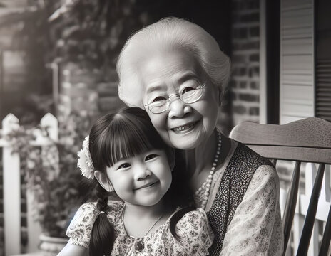 Black and white image of the senior asian lady with her grand daughter. Concept
