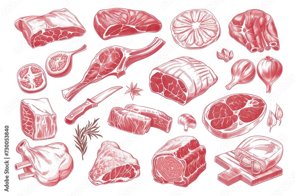 Aufkleber a variety of different types of meat displayed on a clean white background. ideal for food-related p