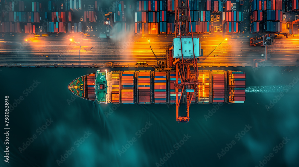 Poster container vessel ship in import export seaport terminal, business logistic and transportation of int