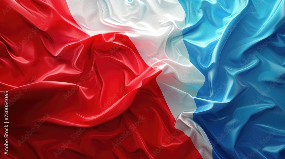 Poster A vibrant fabric featuring a combination of red, white, and blue colors, elegantly folded. Perfect for adding a patriotic touch or creating a bold statement in any design project