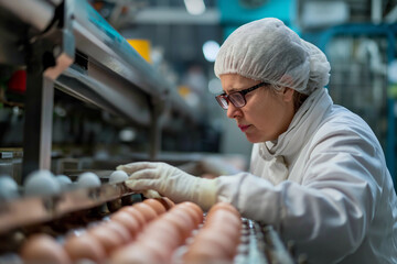 Veterinarian examining quality of eggs in factory.