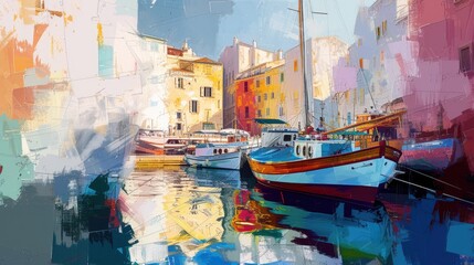 A painting depicting boats docked in a serene harbor. Perfect for capturing the tranquility of a waterfront scene. - obrazy, fototapety, plakaty