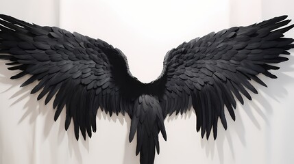 A close-up of graceful black angel wings, every feather finely detailed, against a pure white canvas, evoking a sense of celestial wonder