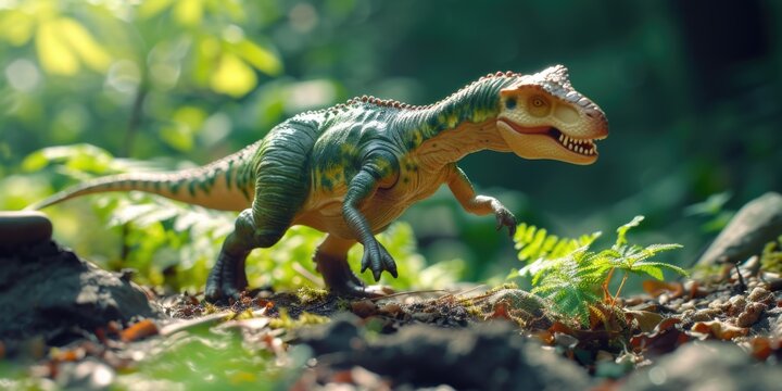 A toy T-Rex is seen walking through a forest. This image can be used for various purposes