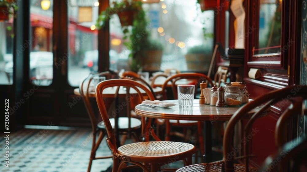 Poster A picture of a table and chairs placed in front of a window. This image can be used to depict a cozy seating area with a view or to showcase interior design and home decor ideas