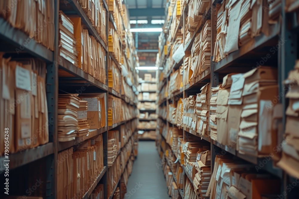 Poster A long and narrow aisle filled with numerous boxes. Ideal for showcasing storage solutions or illustrating organization concepts.