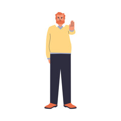 Stern man put palm forward flat style, vector illustration