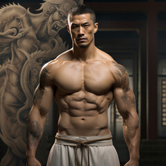 Fototapeta na wymiar anceint chinese style muscular man with fair skin and highly realistic photos of his whole body
