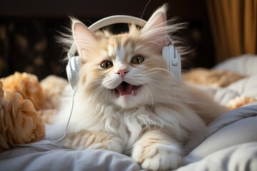 Happy white cat in headphones with open mouth sings a song at home on the bed. funny meme