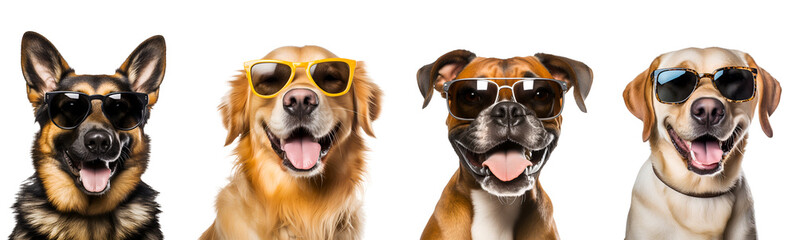 Boxer, Golden Retriever, Labrador, and German Shepherd: Medium and Large Breed Dogs Wearing Sunglasses and Looking Cool, Isolated on Transparent Background, PNG