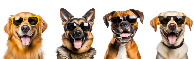 Cool and Happy Dogs in Sunglasses: A Set of Medium and Large Breeds - Boxer, Golden Retriever, Labrador, and German Shepherd, Isolated on Transparent Background, PNG