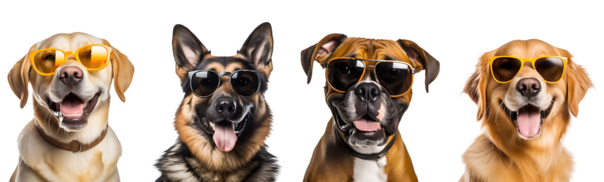 A Set of Medium and Large Breed Dogs Being Cool and Funny in Sunglasses: Boxer, Golden Retriever, Labrador, and German Shepherd, Isolated on Transparent Background, PNG