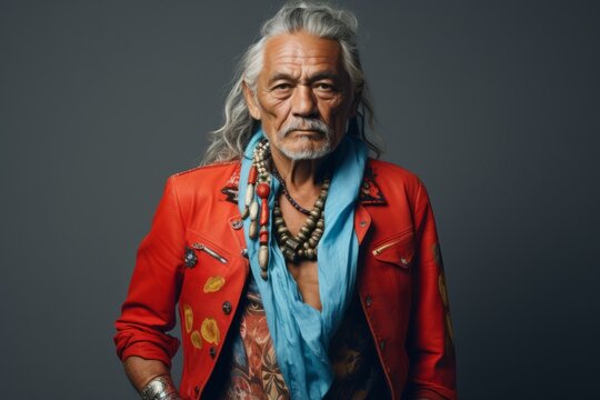 Portrait of an old man in a red jacket and a necklace.