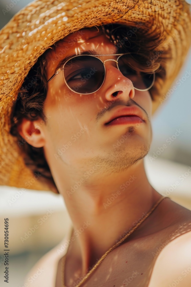 Poster A man wearing a straw hat and sunglasses. This picture can be used to depict a relaxed and stylish summer look