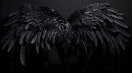 A close-up of intricate black angel wings, each feather meticulously defined, set against a solid black surface, evoking a sense of dark enchantment