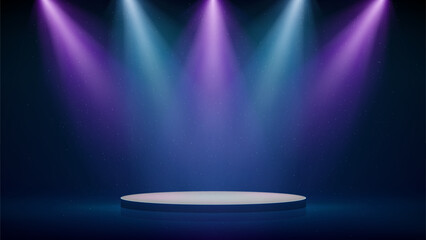 Stage, pink blue purple spotlights, podium. Background, backdrop for displaying products. Blue-pink stage spotlight on dark background. Beams of spotlights, glittering particles, a spot light. Vector