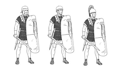Roman legionnaires before the battle. Historical drawing.